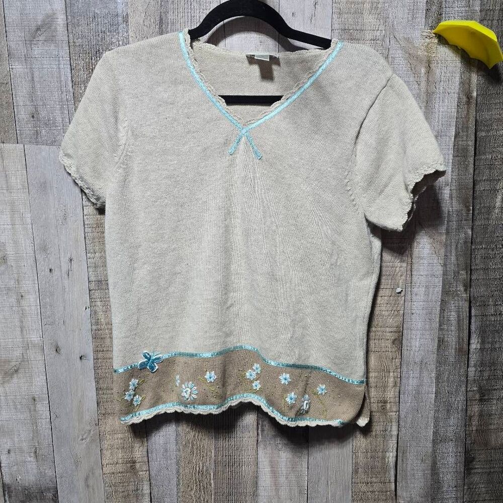 Christopher & Banks Vintage Y2K Beige Floral Embroidered Beaded Knit Top Medium